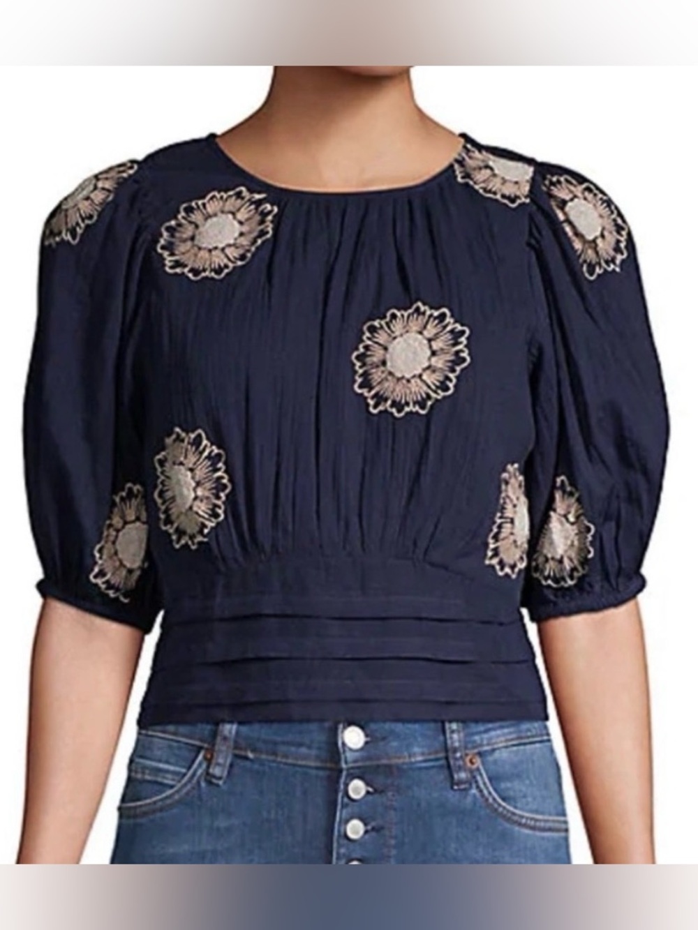 FP Embroidered Navy Puff-Sleeve Waistband Top